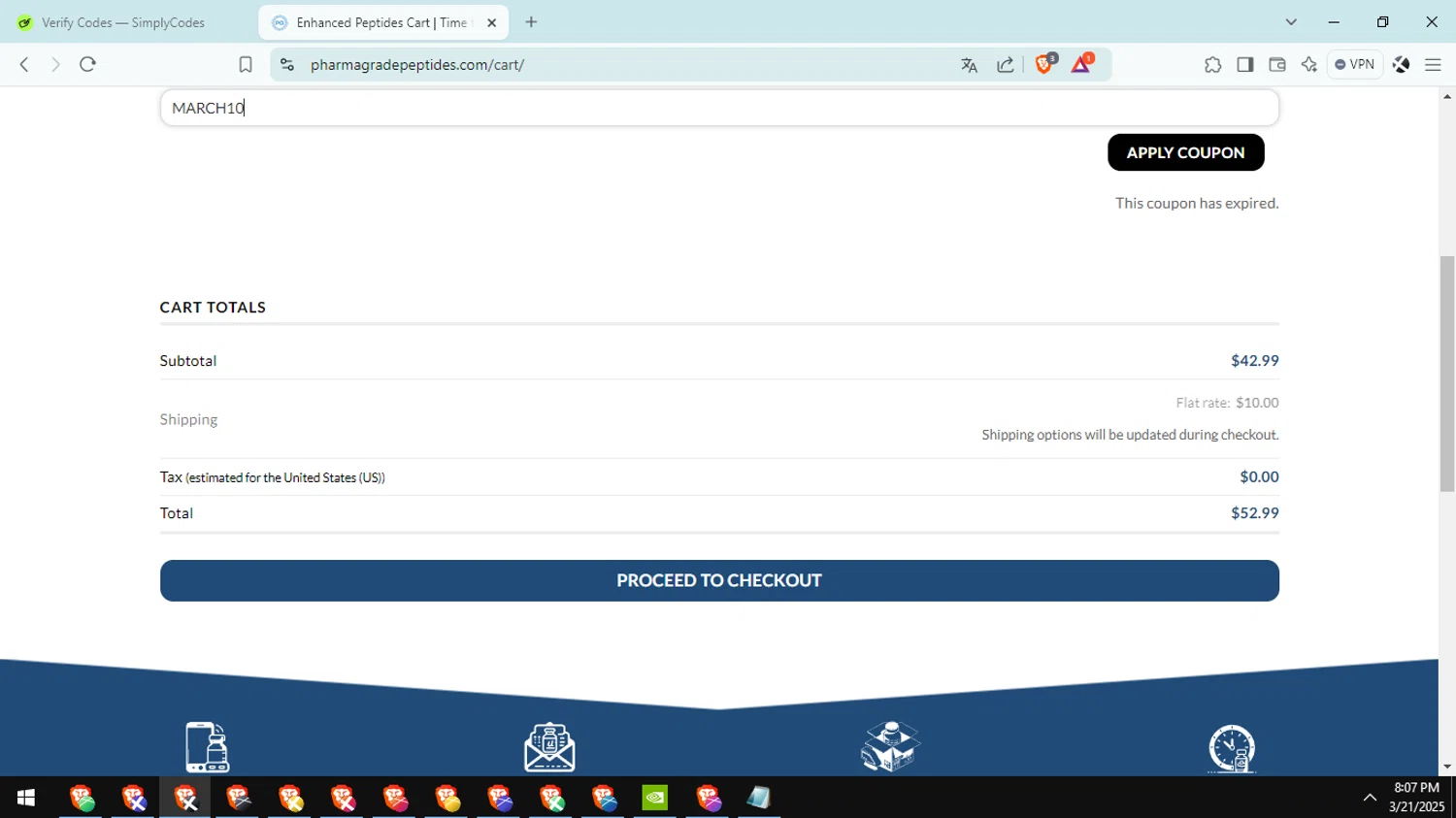Pharma Grade Peptides coupon code screenshot showing code MARCH10 applied at Pharma Grade Peptides checkout page. Uploaded by SimplyCodes community member Aguaita_coco on Mar 22, 2025