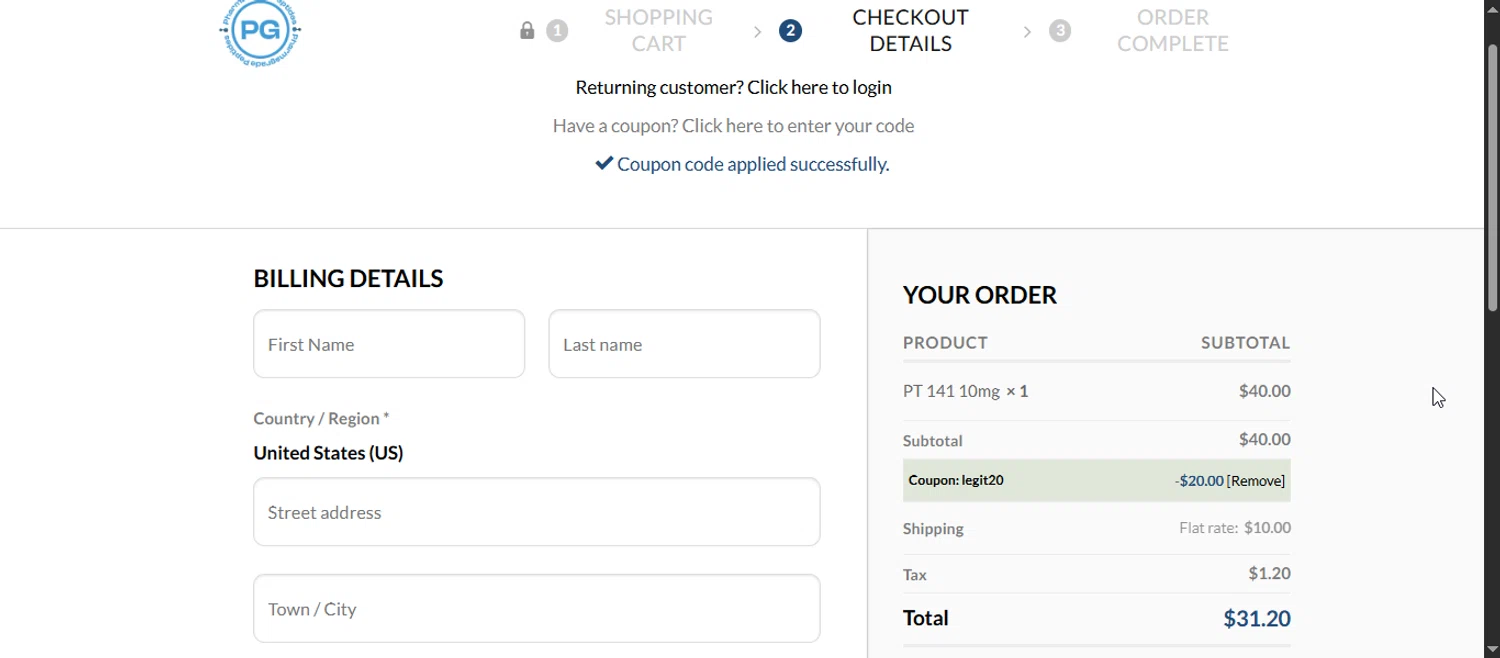 Pharma Grade Peptides coupon code screenshot showing code Legit20 applied at Pharma Grade Peptides checkout page. Uploaded by SimplyCodes community member Enmanuel99 on Oct 2, 2025