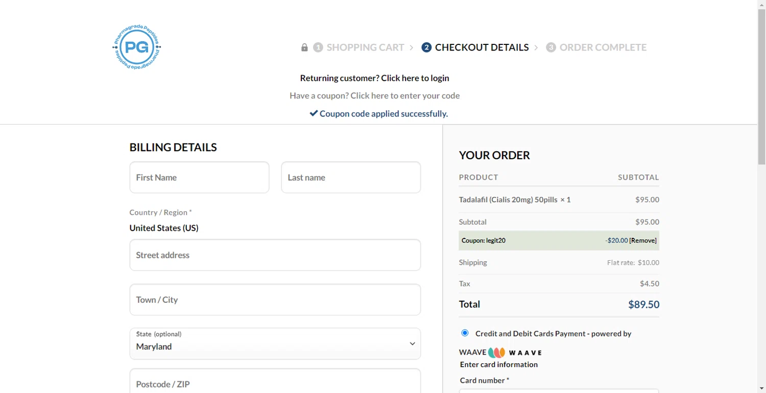 Pharma Grade Peptides checkout page showing Pharma Grade Peptides coupon code box | Screenshot taken by SimplyCodes community member on Dec 11, 2025