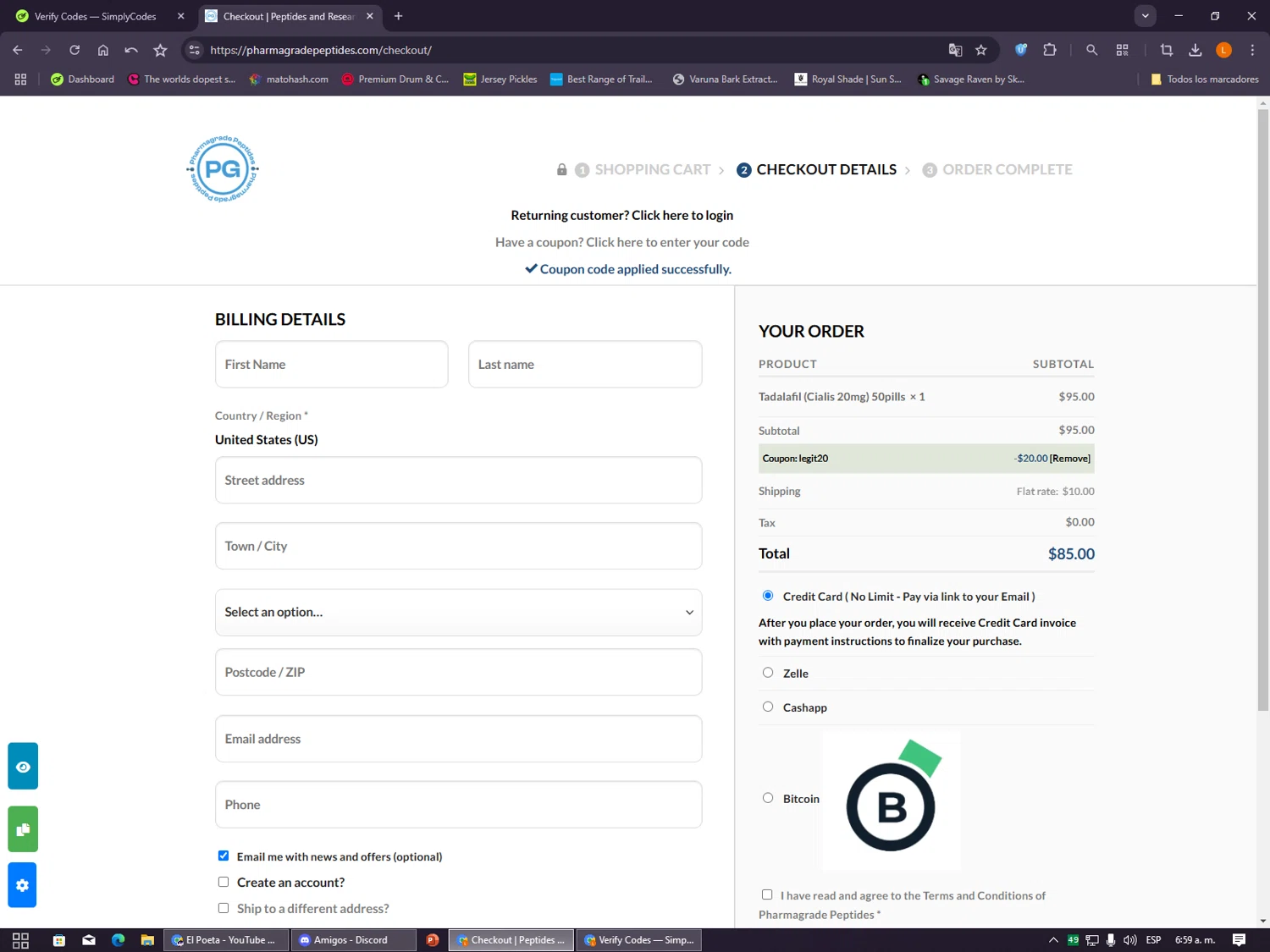 Pharma Grade Peptides coupon code screenshot showing code Legit20 applied at Pharma Grade Peptides checkout page. Uploaded by SimplyCodes community member VayneChambeadora on Nov 30, 2025