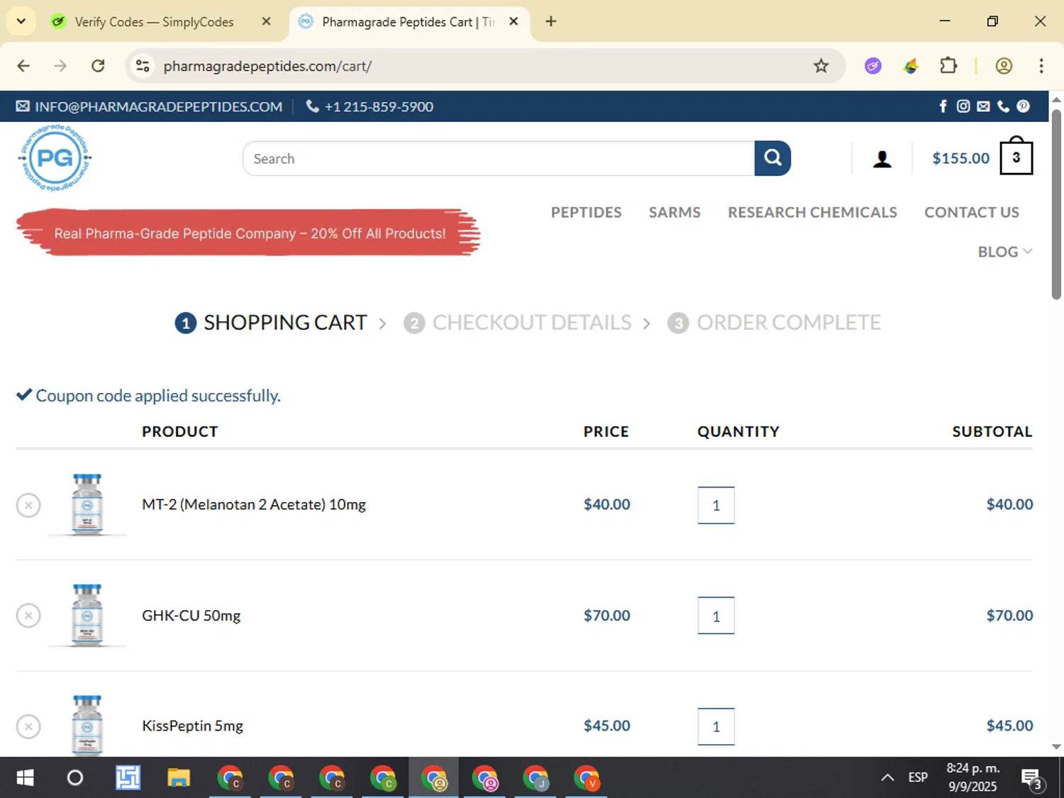 Pharma Grade Peptides coupon code screenshot showing code Legit20 applied at Pharma Grade Peptides checkout page. Uploaded by SimplyCodes community member VictorL on Sep 10, 2025