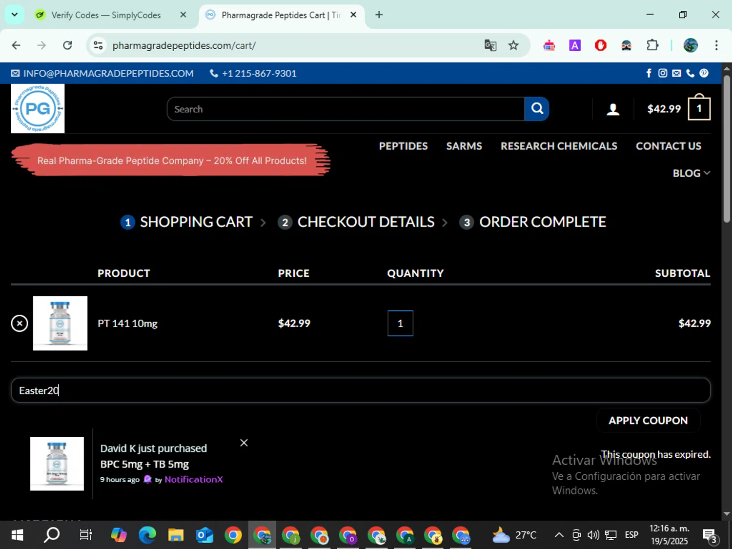Pharma Grade Peptides coupon code screenshot showing code Easter20 applied at Pharma Grade Peptides checkout page. Uploaded by SimplyCodes community member Mouzzzzzeeee on May 19, 2025