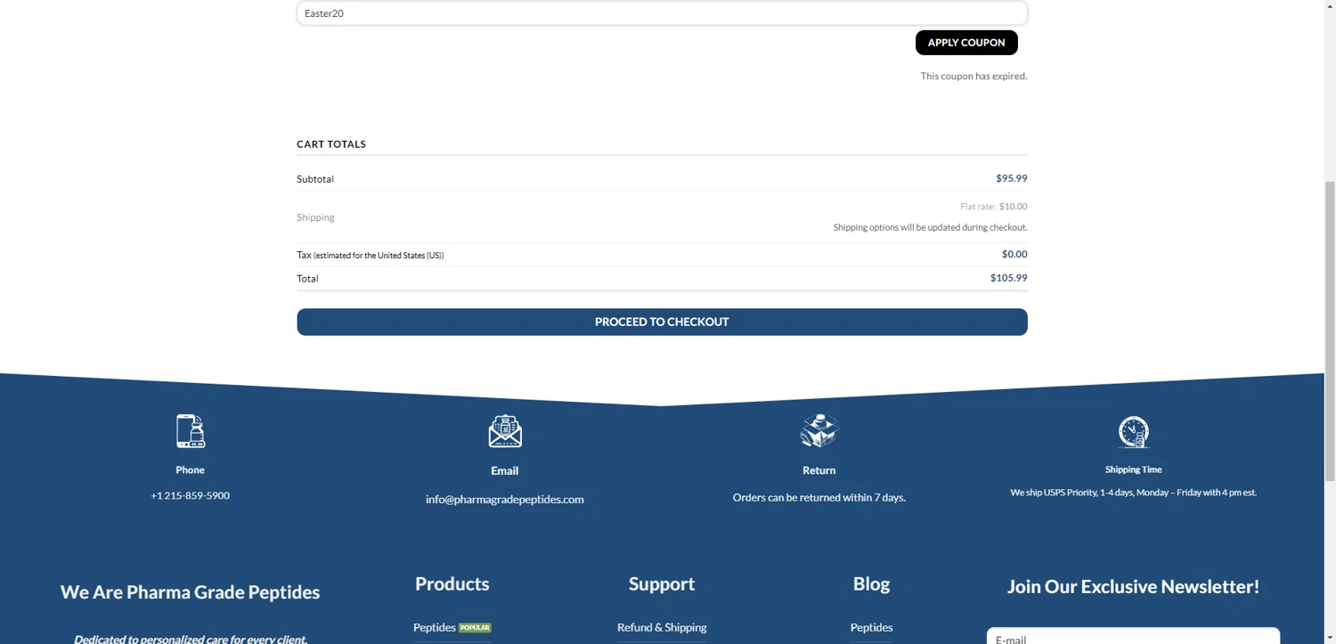 Pharma Grade Peptides coupon code screenshot showing code Easter20 applied at Pharma Grade Peptides checkout page. Uploaded by SimplyCodes community member WolfSoulVz on May 19, 2025