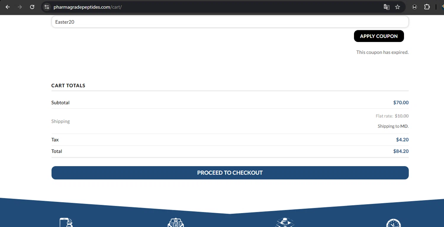 Pharma Grade Peptides coupon code screenshot showing code Easter20 applied at Pharma Grade Peptides checkout page. Uploaded by SimplyCodes community member RoyalSpotter5217 on May 19, 2025