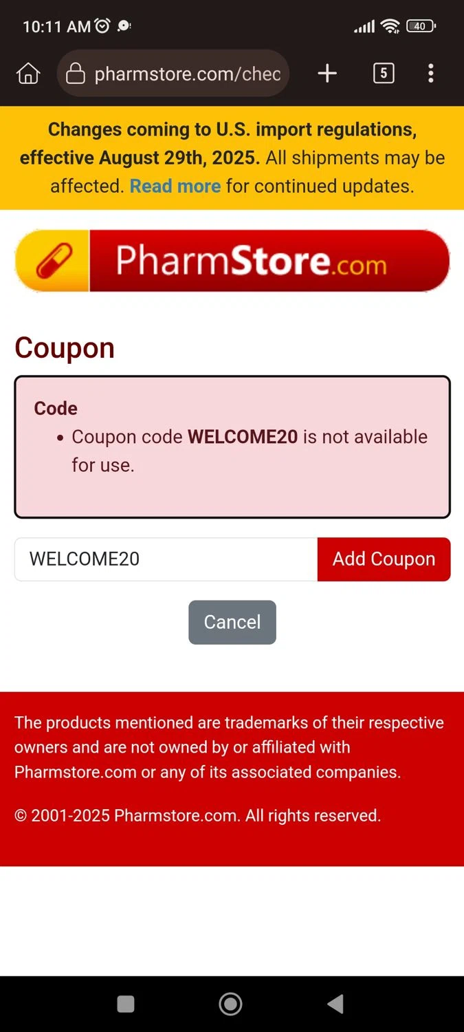 PharmStore coupon code screenshot showing code WELCOME20 applied at PharmStore checkout page. Uploaded by SimplyCodes community member CrownLion2750 on Dec 27, 2025