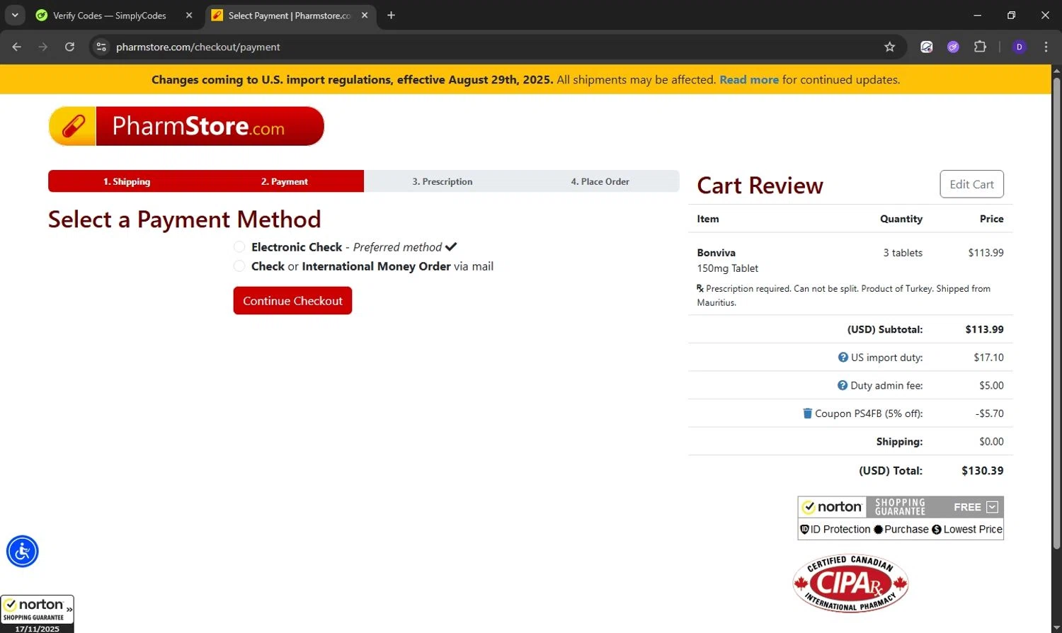 PharmStore coupon code screenshot showing code PS4FB applied at PharmStore checkout page. Uploaded by SimplyCodes community member Obito6245825041527 on Nov 17, 2025