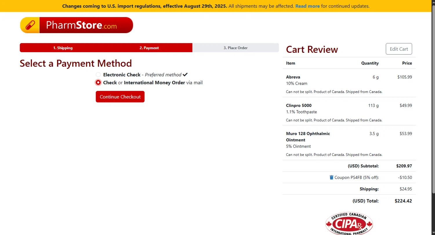 PharmStore coupon code screenshot showing code PS4FB applied at PharmStore checkout page. Uploaded by SimplyCodes community member WoskalRevenge on Aug 21, 2025