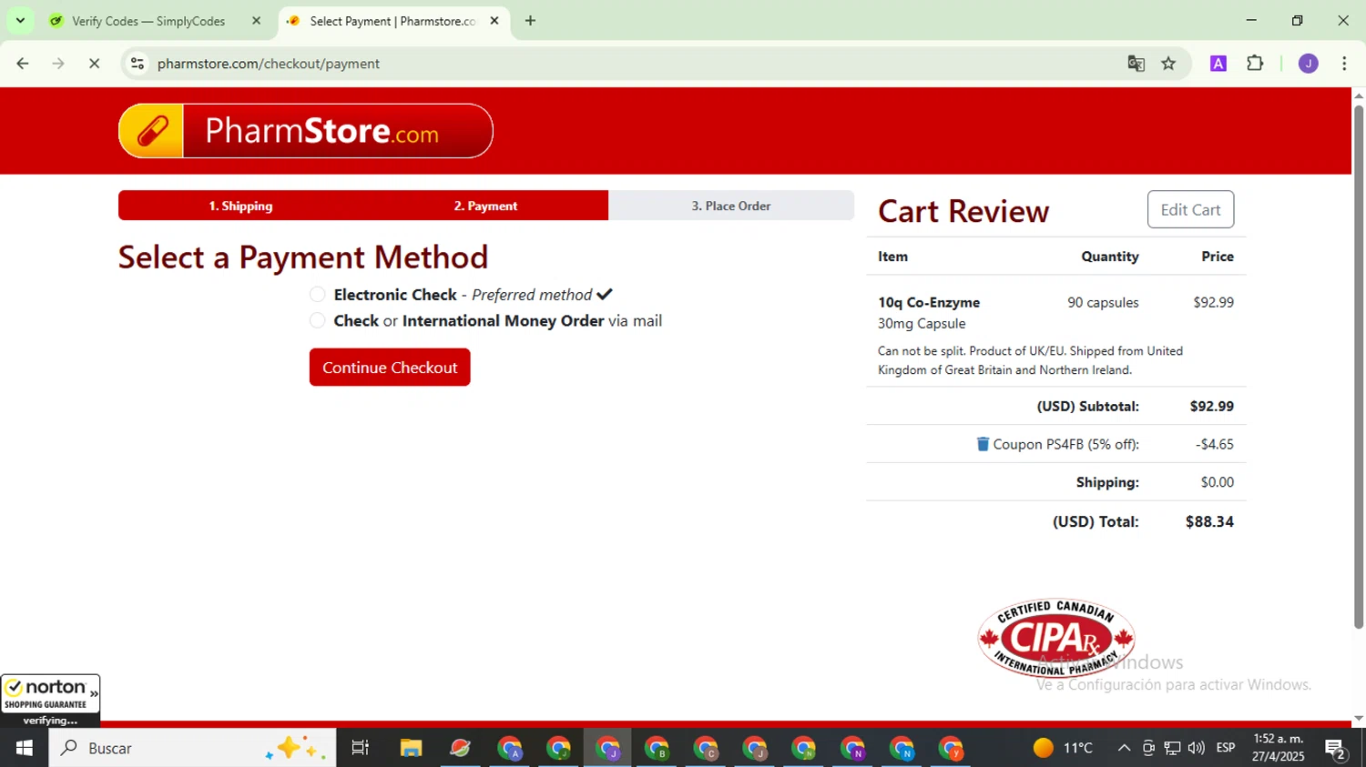 PharmStore coupon code screenshot showing code PS4FB applied at PharmStore checkout page. Uploaded by SimplyCodes community member PromoHunter9043 on Apr 27, 2025