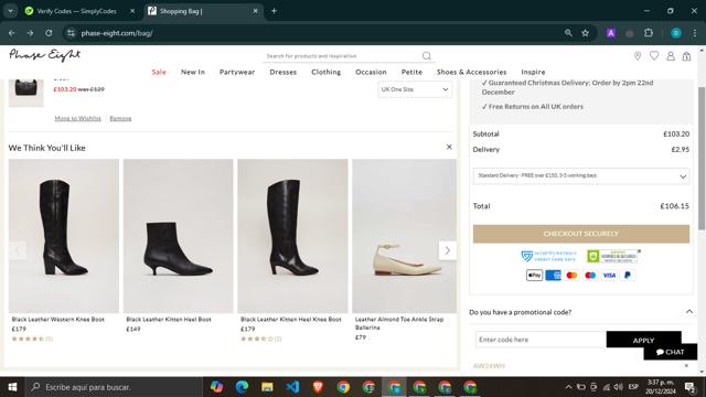 Phase Eight checkout page showing Phase Eight discount code box | Screenshot taken by SimplyCodes community member on Dec 20, 2024