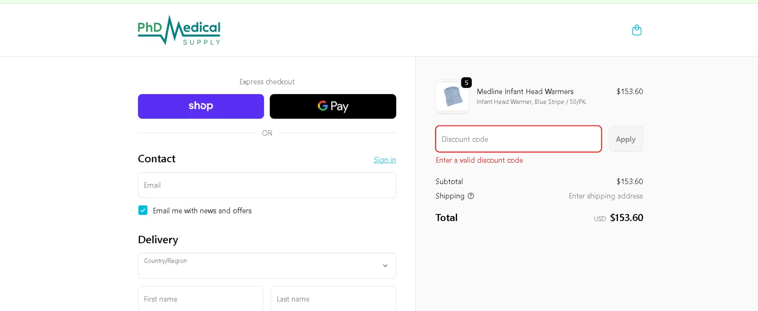 PhD Medical Supply promo code screenshot showing code PHDMDSBBS5 applied at PhD Medical Supply checkout page. Uploaded by SimplyCodes community member CRYSTALSUICINE on Feb 16, 2026
