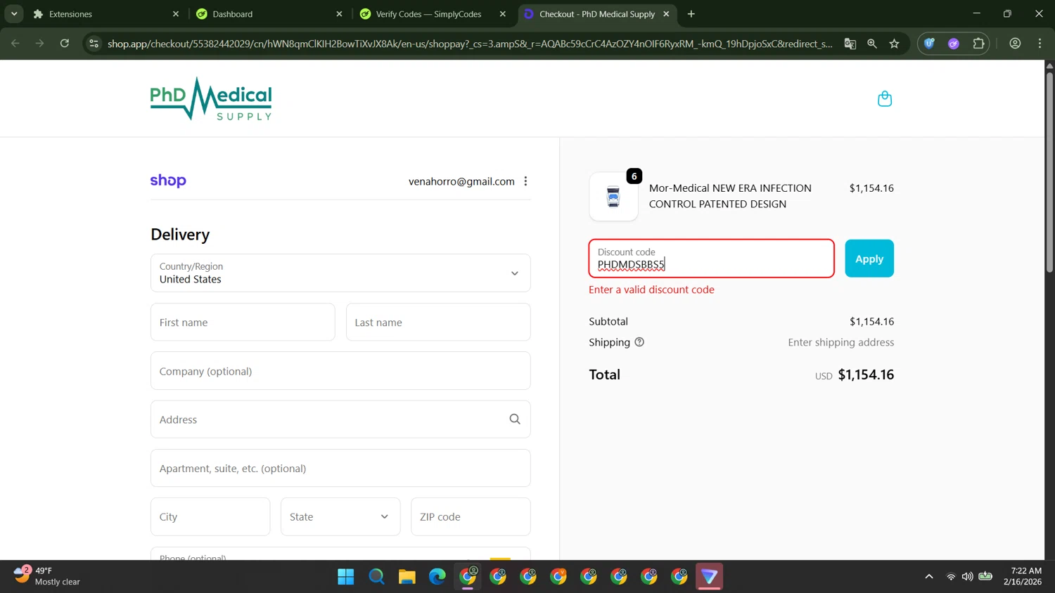 PhD Medical Supply promo code screenshot showing code PHDMDSBBS5 applied at PhD Medical Supply checkout page. Uploaded by SimplyCodes community member GoldDefender8866 on Feb 16, 2026