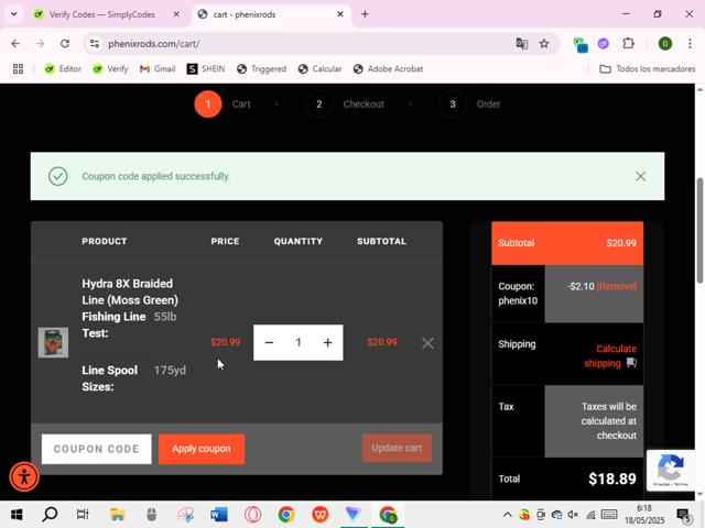 Phenix Rods checkout page showing Phenix Rods coupon code box | Screenshot taken by SimplyCodes community member on May 18, 2025
