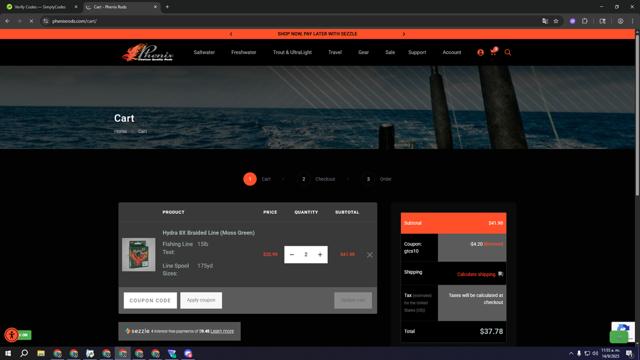 Phenix Rods checkout page showing Phenix Rods coupon code box | Screenshot taken by SimplyCodes community member on Sep 14, 2025