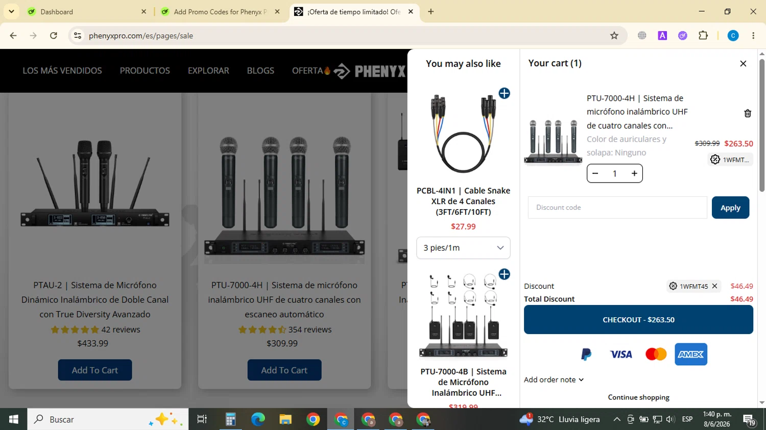 Phenyx Pro promo code screenshot showing code 1WFMT45 applied at Phenyx Pro checkout page. Uploaded by SimplyCodes community member ScanTracker2919 on Jun 8, 2026