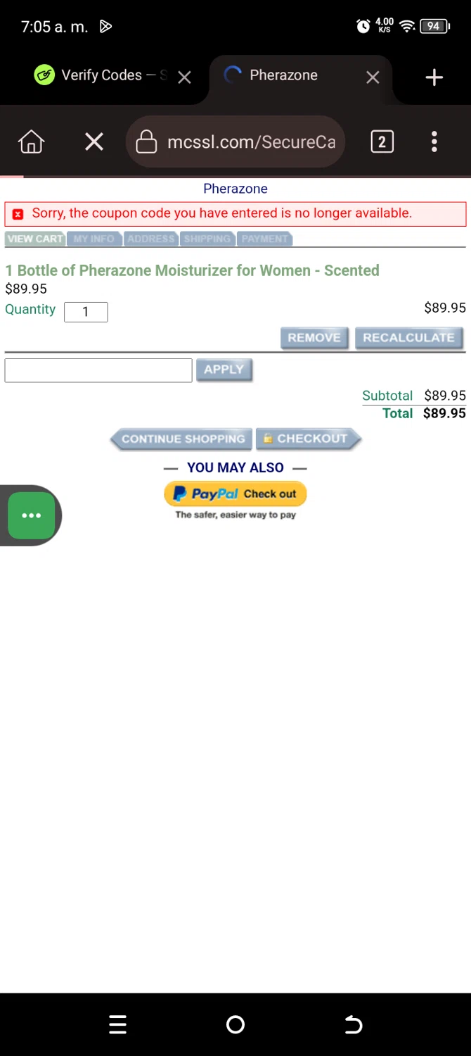 Pherazone discount code screenshot showing code 5FREESAMPLES applied at Pherazone checkout page. Uploaded by SimplyCodes community member SavingsWarden235 on Jan 23, 2025