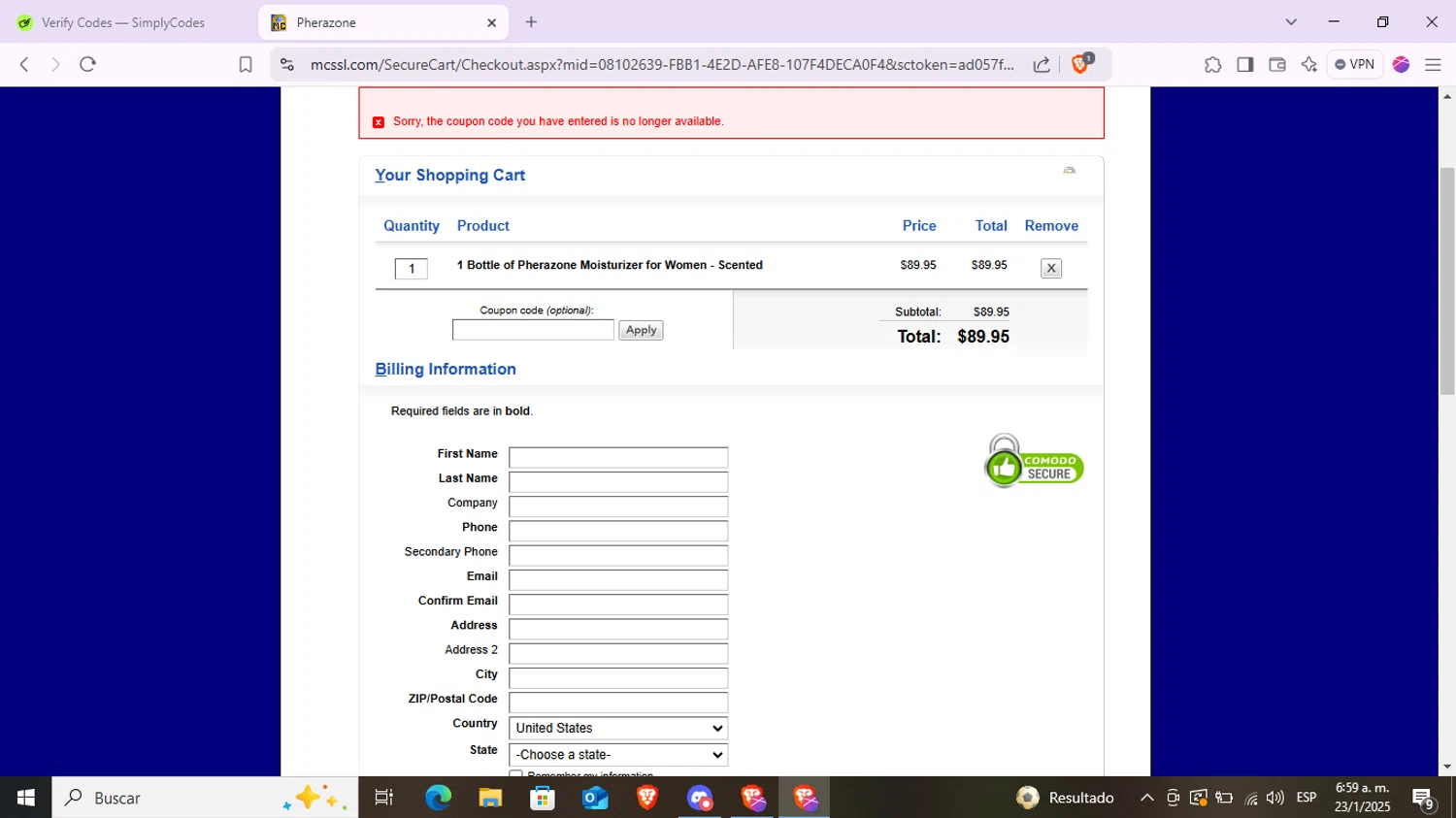Pherazone discount code screenshot showing code 5FREESAMPLES applied at Pherazone checkout page. Uploaded by SimplyCodes community member LaVelaEnPinta on Jan 23, 2025