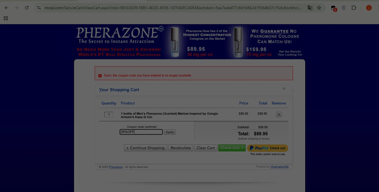 Pherazone discount code screenshot showing code 35%OFF applied at Pherazone checkout page. Uploaded by SimplyCodes community member WonderSpotter5339 on Jun 10, 2025