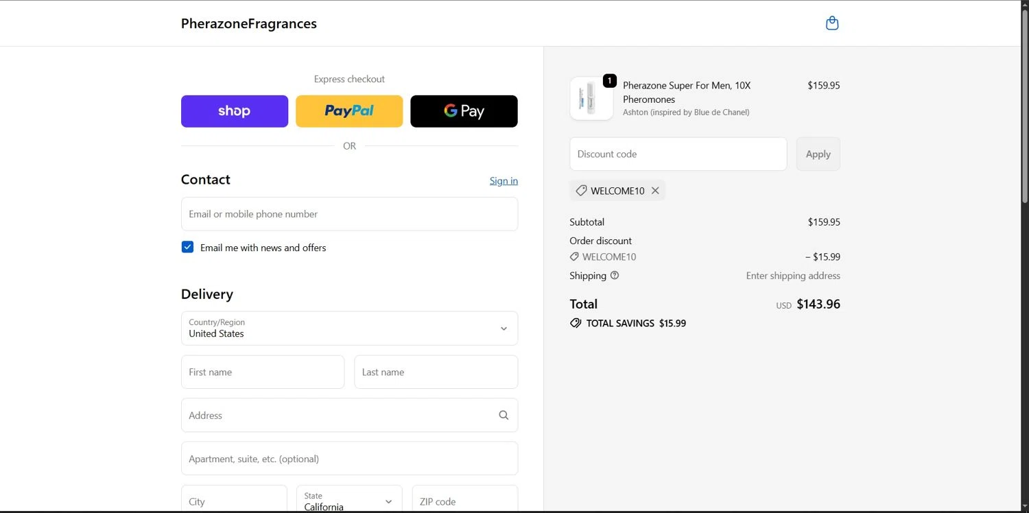 Pherazone discount code screenshot showing code WELCOME10 applied at Pherazone checkout page. Uploaded by SimplyCodes community member Depressive on Nov 23, 2025