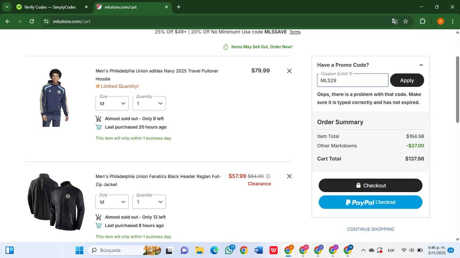 Philadelphia Union promo code screenshot showing code MLS29 applied at Philadelphia Union checkout page. Uploaded by SimplyCodes community member AlfredoBonifacio on Nov 5, 2025