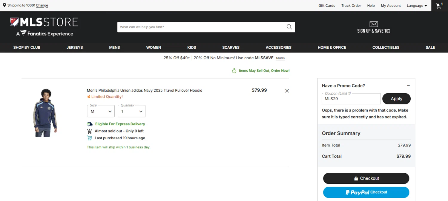 Philadelphia Union promo code screenshot showing code MLS29 applied at Philadelphia Union checkout page. Uploaded by SimplyCodes community member CarmenAyuth on Nov 5, 2025