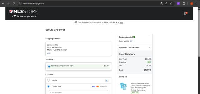 Philadelphia Union checkout page showing Philadelphia Union promo code box | Screenshot taken by SimplyCodes community member on Sep 15, 2025