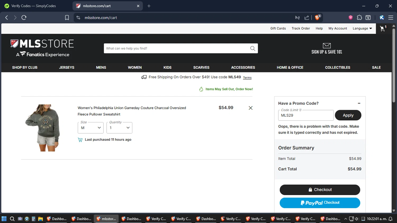 Philadelphia Union promo code screenshot showing code MLS29 applied at Philadelphia Union checkout page. Uploaded by SimplyCodes community member Jgomez on Jan 12, 2026