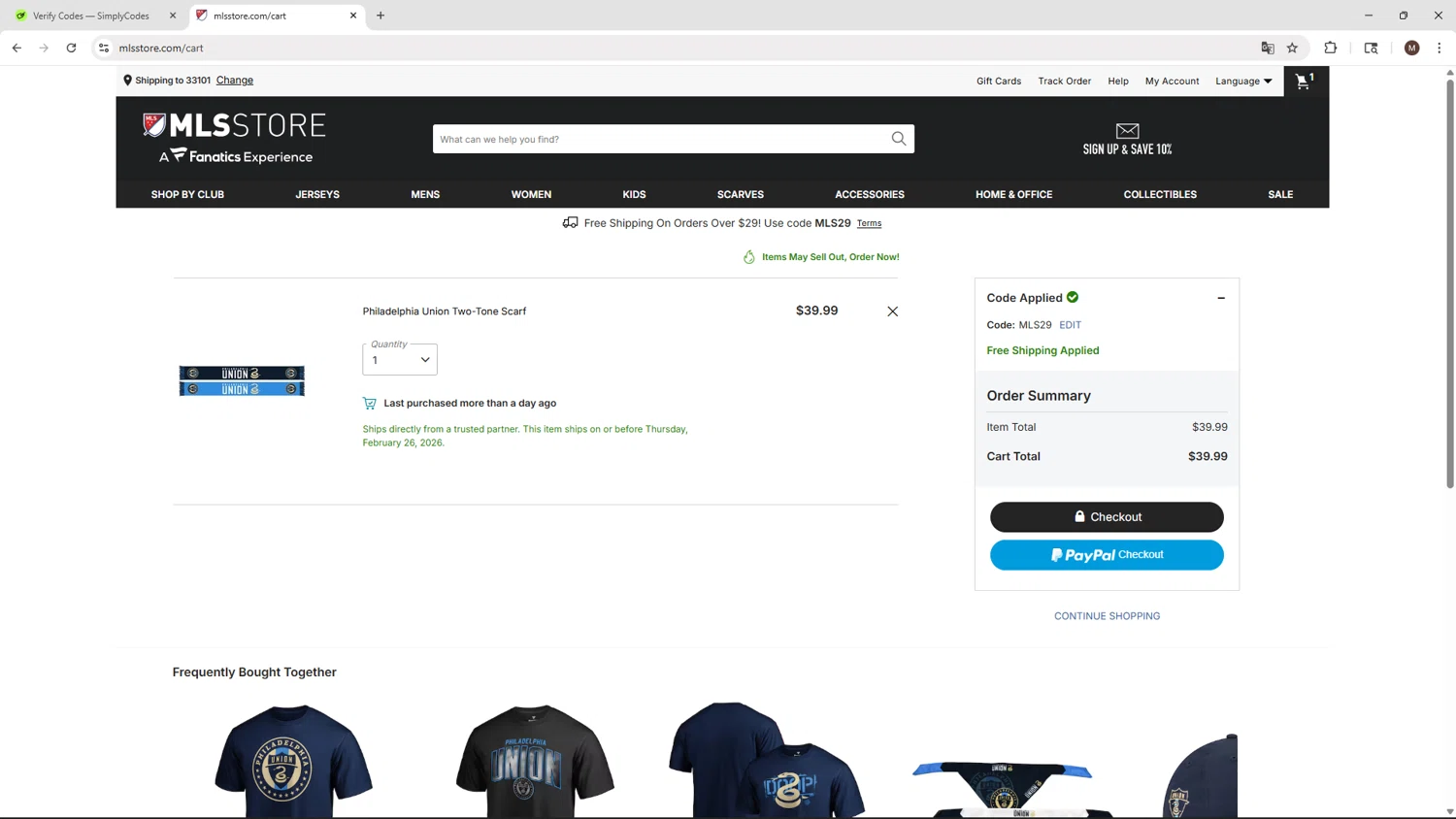 Philadelphia Union checkout page showing Philadelphia Union promo code box | Screenshot taken by SimplyCodes community member on Feb 22, 2026