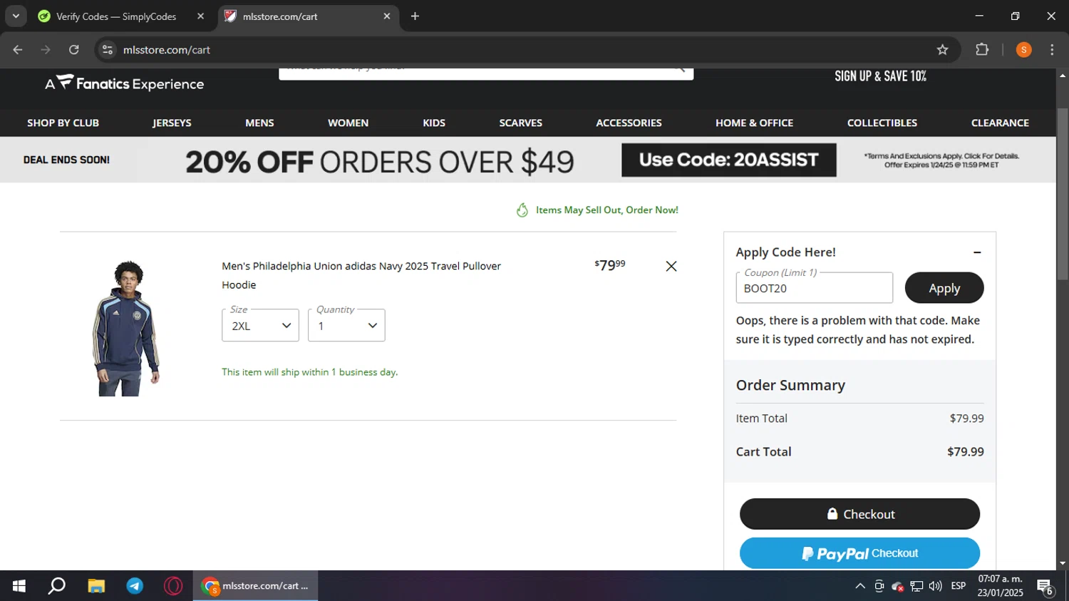Philadelphia Union promo code screenshot showing code BOOT20 applied at Philadelphia Union checkout page. Uploaded by SimplyCodes community member StevenZarraga on Jan 23, 2025