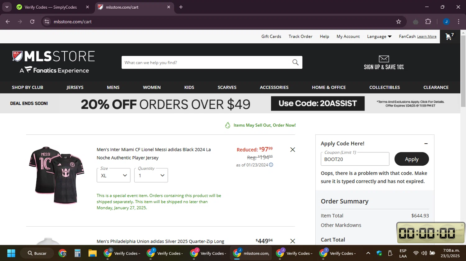 Philadelphia Union promo code screenshot showing code BOOT20 applied at Philadelphia Union checkout page. Uploaded by SimplyCodes community member noesmith34ur on Jan 23, 2025