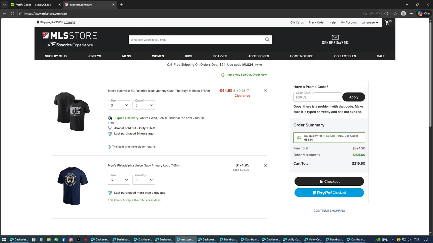Philadelphia Union promo code screenshot showing code 20MLS applied at Philadelphia Union checkout page. Uploaded by SimplyCodes community member AVAMUSTANG on Feb 9, 2026