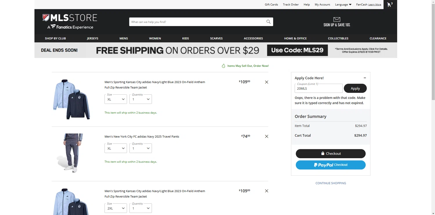 Philadelphia Union promo code screenshot showing code 20MLS applied at Philadelphia Union checkout page. Uploaded by SimplyCodes community member melano on Feb 11, 2025