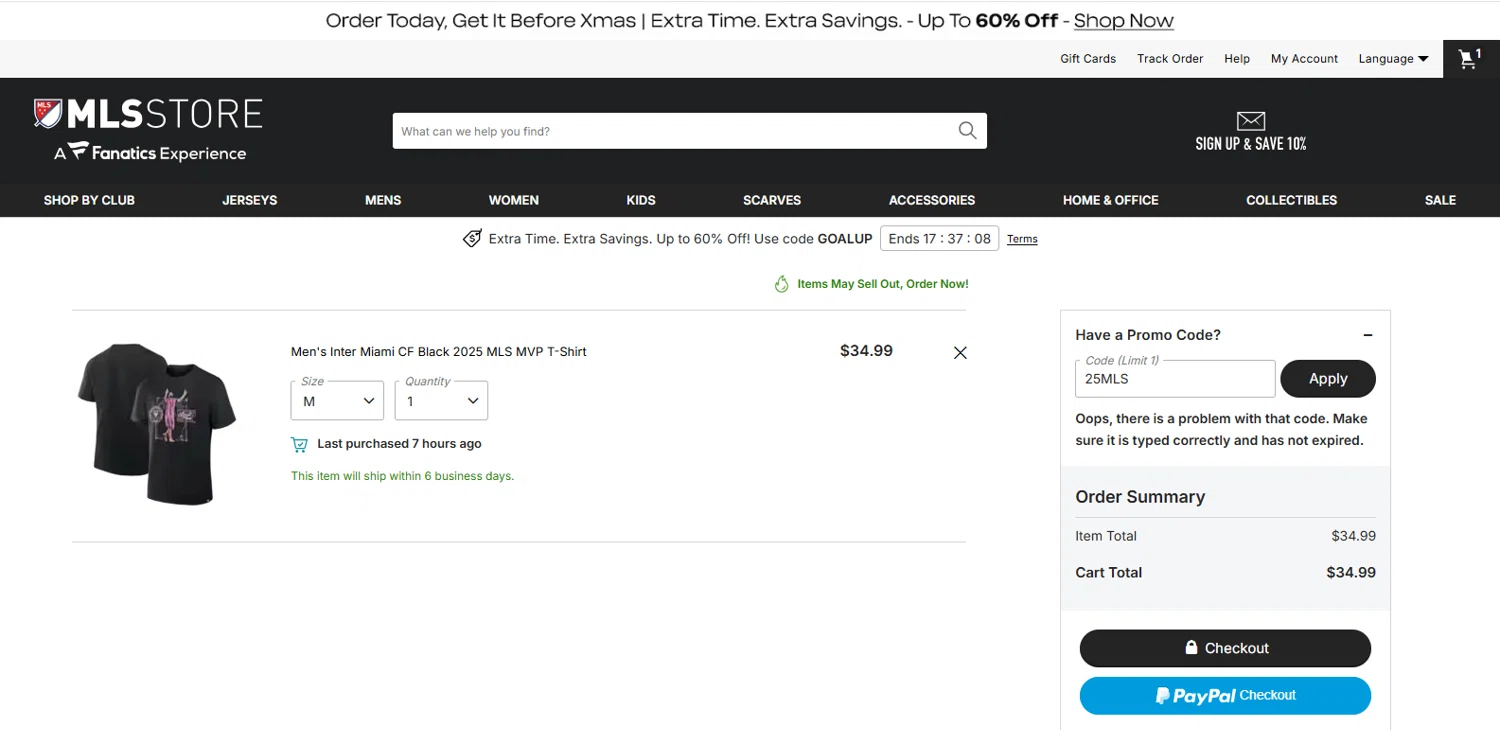 Philadelphia Union promo code screenshot showing code 25mls applied at Philadelphia Union checkout page. Uploaded by SimplyCodes community member MagnifiHero3476 on Dec 14, 2025