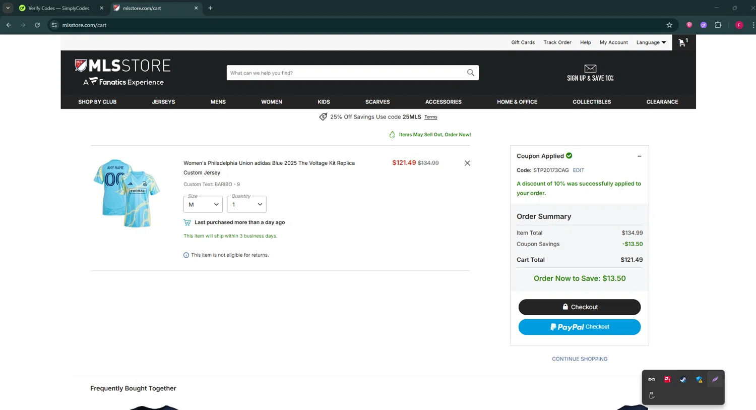 Philadelphia Union promo code screenshot showing code STP20173CAG applied at Philadelphia Union checkout page. Uploaded by SimplyCodes community member ExtraordinaryVirtuoso281 on Jul 21, 2025