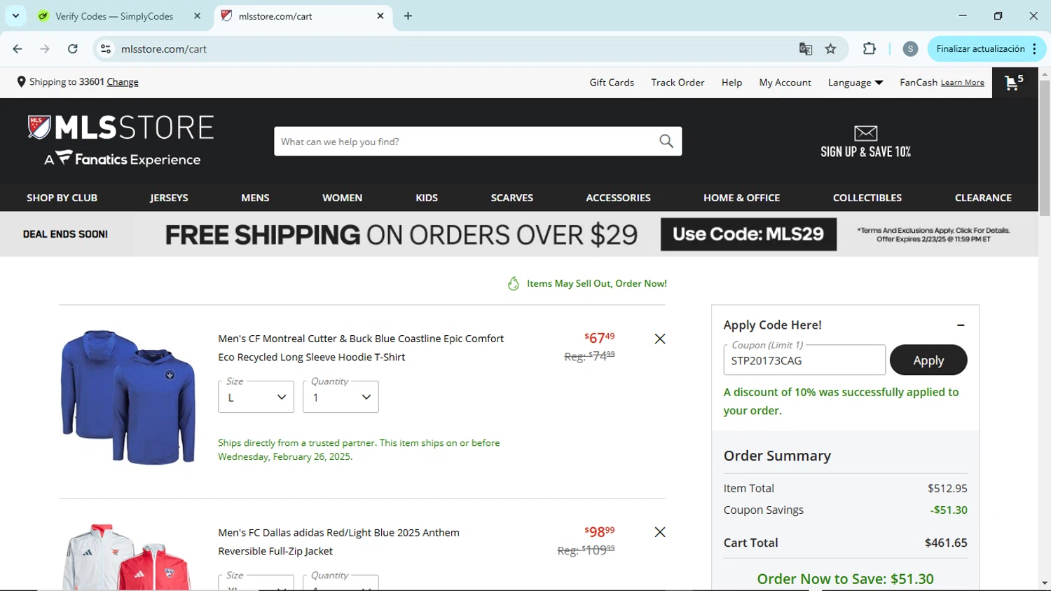 Philadelphia Union promo code screenshot showing code STP20173CAG applied at Philadelphia Union checkout page. Uploaded by SimplyCodes community member EpicScholar6418 on Feb 23, 2025