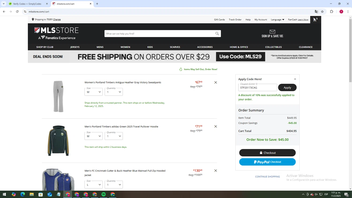 Philadelphia Union promo code screenshot showing code STP20173CAG applied at Philadelphia Union checkout page. Uploaded by SimplyCodes community member ThriftyWizard1508 on Feb 11, 2025