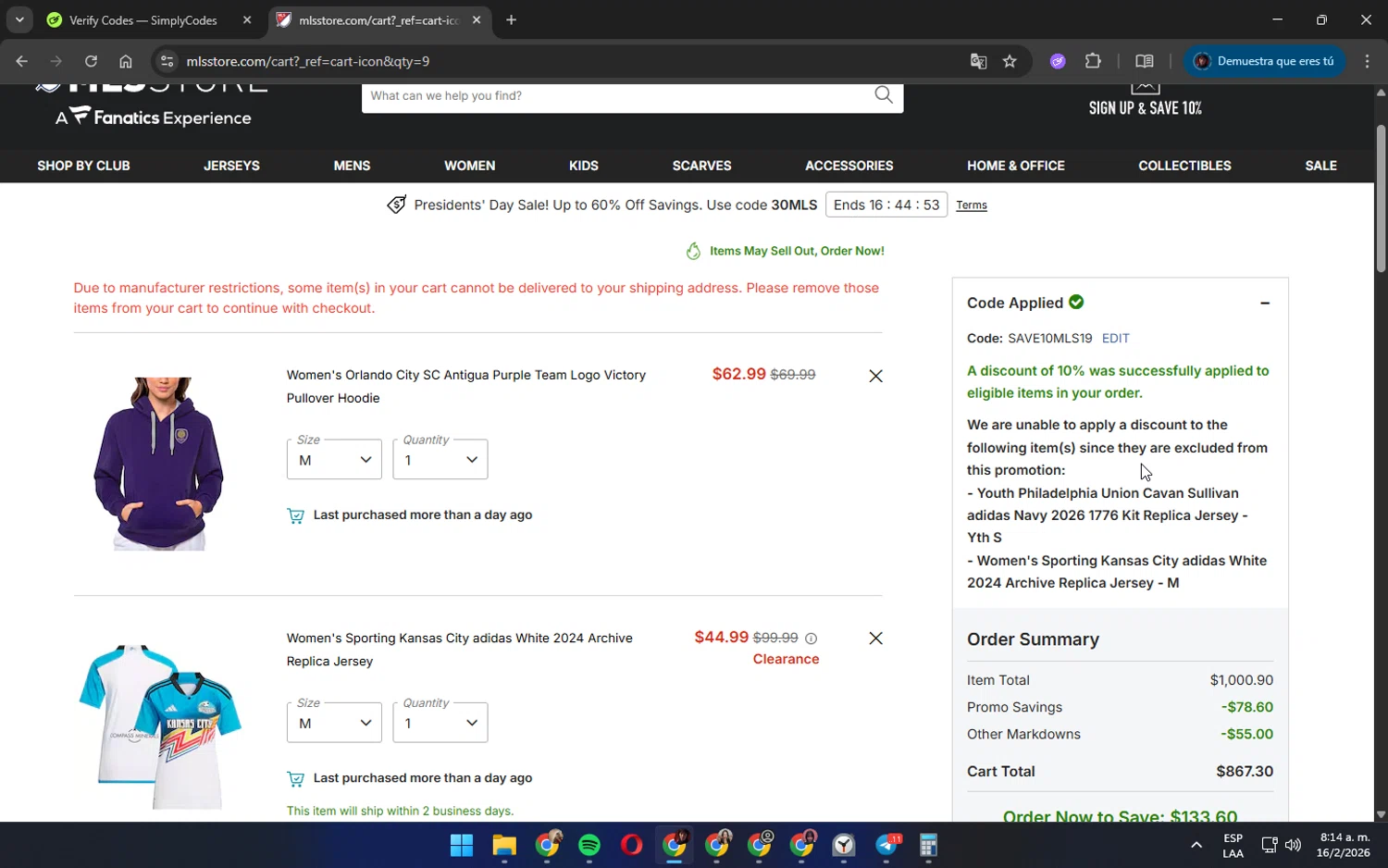 Philadelphia Union promo code screenshot showing code SAVE10MLS19 applied at Philadelphia Union checkout page. Uploaded by SimplyCodes community member AshlyMichell on Feb 16, 2026