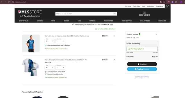 Philadelphia Union checkout page showing Philadelphia Union promo code box | Screenshot taken by SimplyCodes community member on Sep 10, 2025