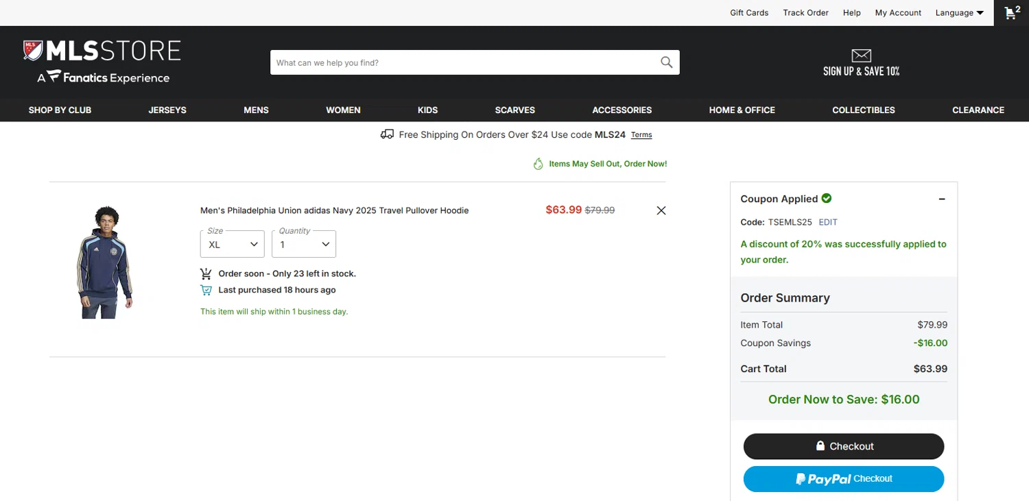 Philadelphia Union promo code screenshot showing code TSEMLS25 applied at Philadelphia Union checkout page. Uploaded by SimplyCodes community member kalltrom21 on Jul 23, 2025