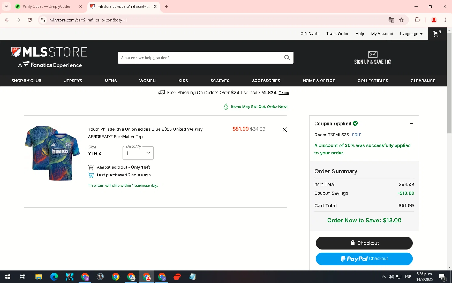 Philadelphia Union promo code screenshot showing code TSEMLS25 applied at Philadelphia Union checkout page. Uploaded by SimplyCodes community member WiseHero7115 on Aug 14, 2025