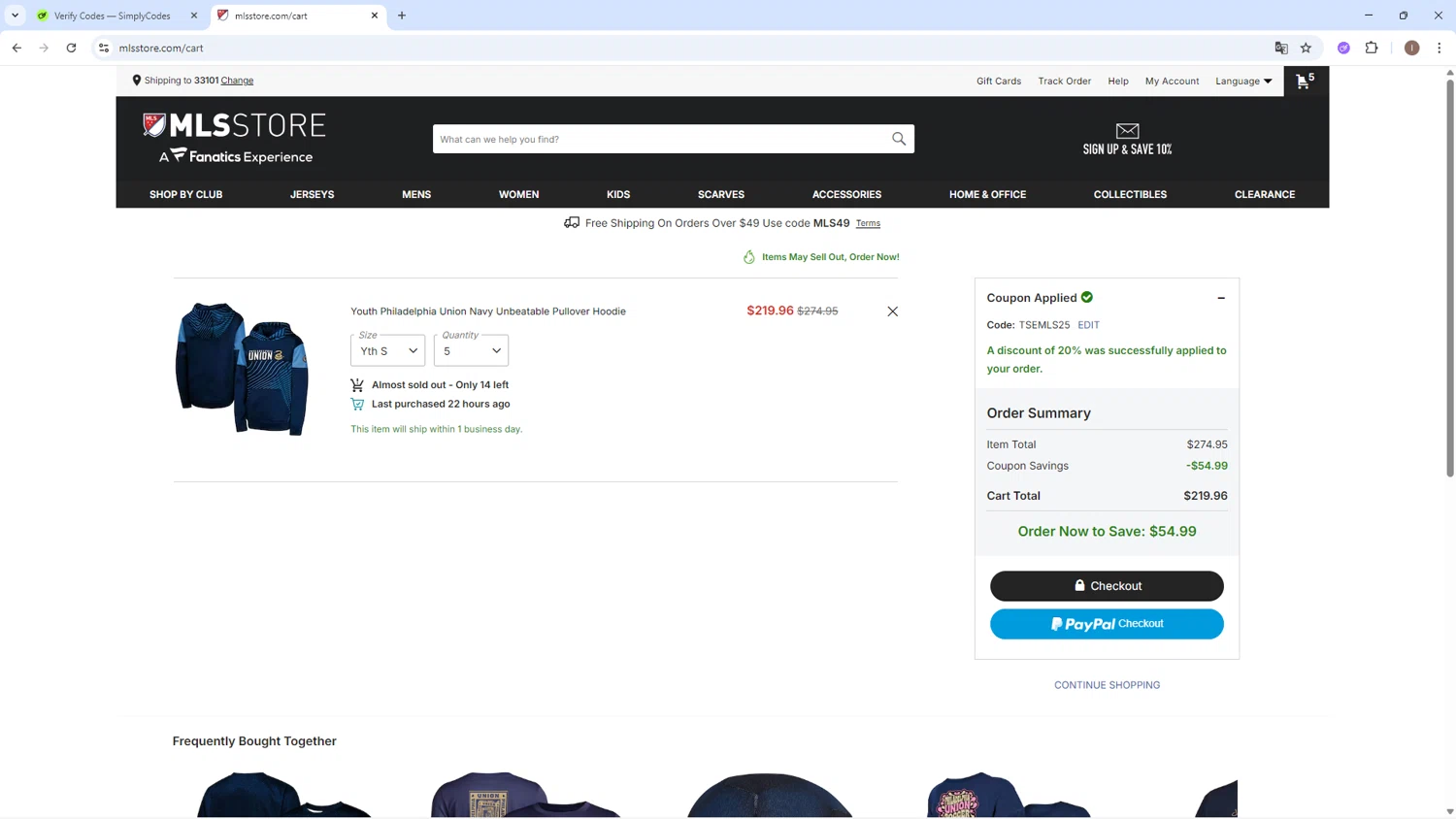Philadelphia Union promo code screenshot showing code TSEMLS25 applied at Philadelphia Union checkout page. Uploaded by SimplyCodes community member pequenokalvin5 on Aug 16, 2025