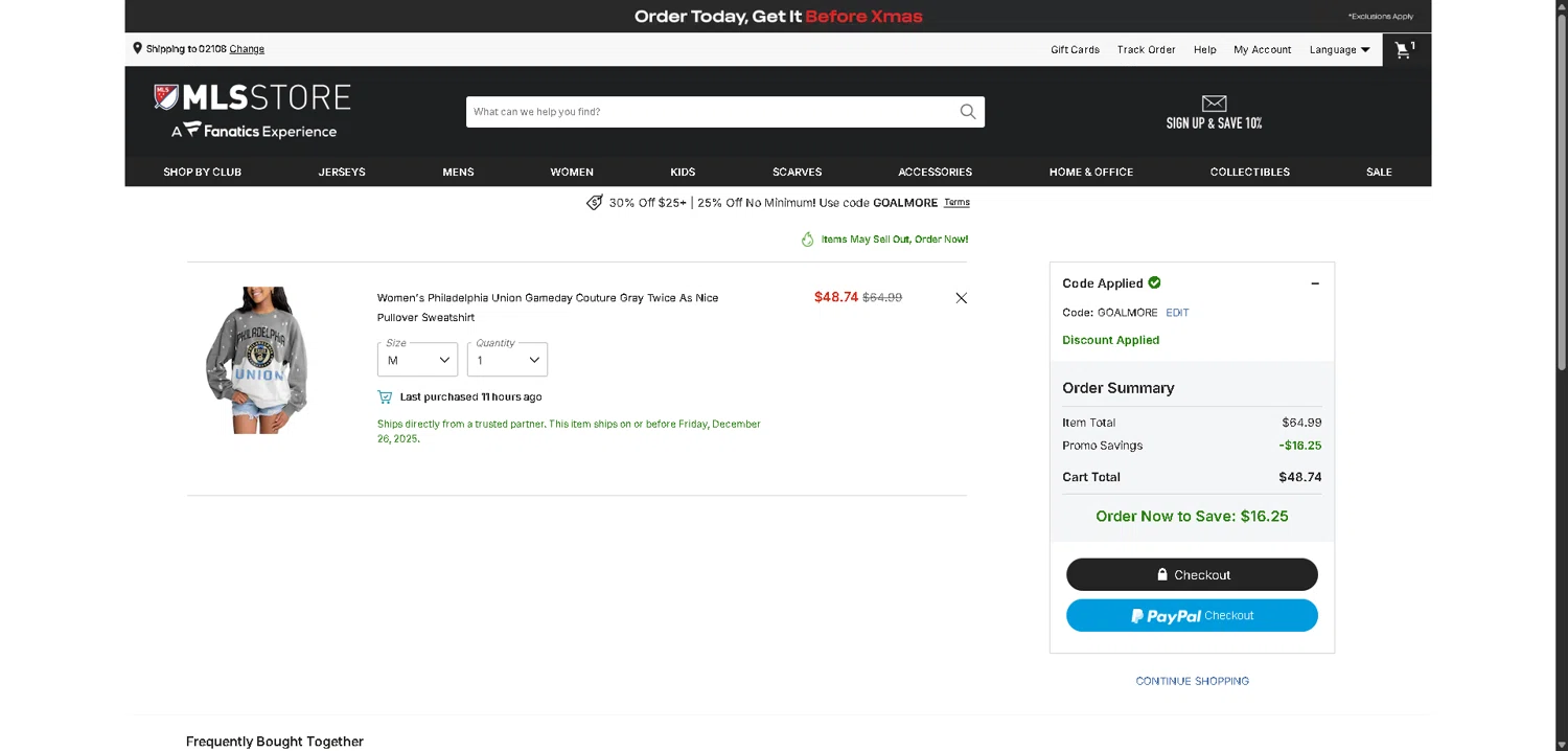 Philadelphia Union checkout page showing Philadelphia Union promo code box | Screenshot taken by SimplyCodes community member on Dec 16, 2025