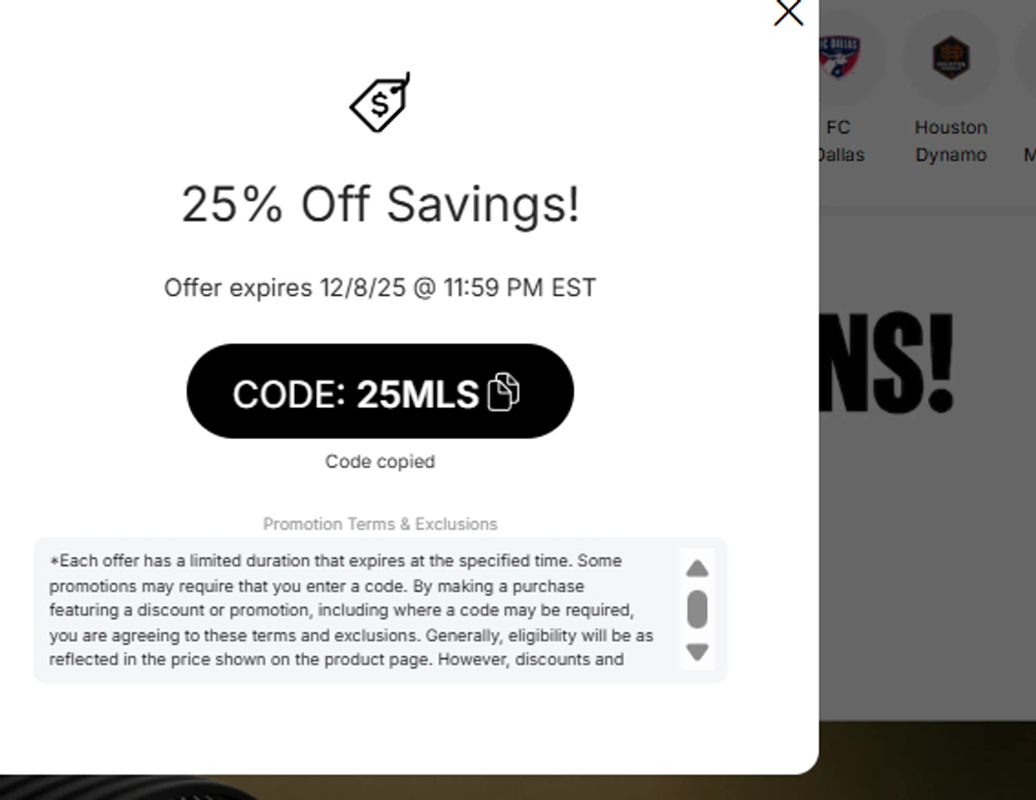 Philadelphia Union promo code screenshot showing code 25MLS applied at Philadelphia Union checkout page. Uploaded by SimplyCodes community member DORIANGEL on Dec 8, 2025