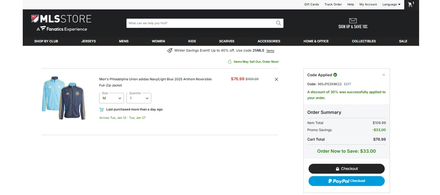 Philadelphia Union promo code screenshot showing code 965JPE5K8K22 applied at Philadelphia Union checkout page. Uploaded by SimplyCodes community member OnlywM on Dec 26, 2025