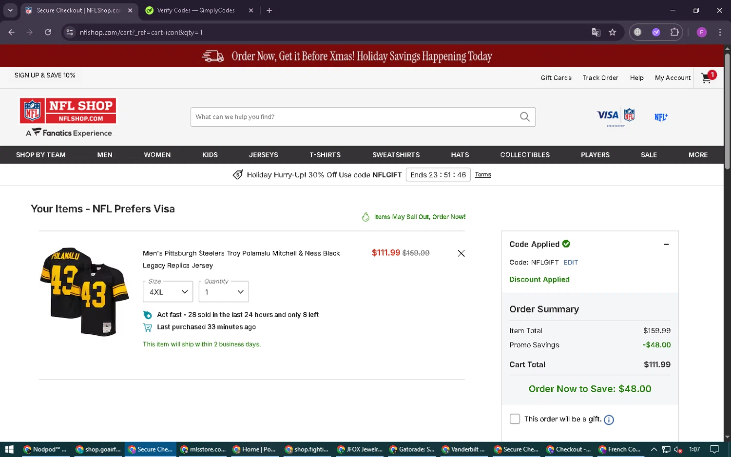 Philadelphia Eagles coupon code screenshot showing code NFLGIFT applied at Philadelphia Eagles checkout page. Uploaded by SimplyCodes community member CleverSpotter6431 on Dec 8, 2025