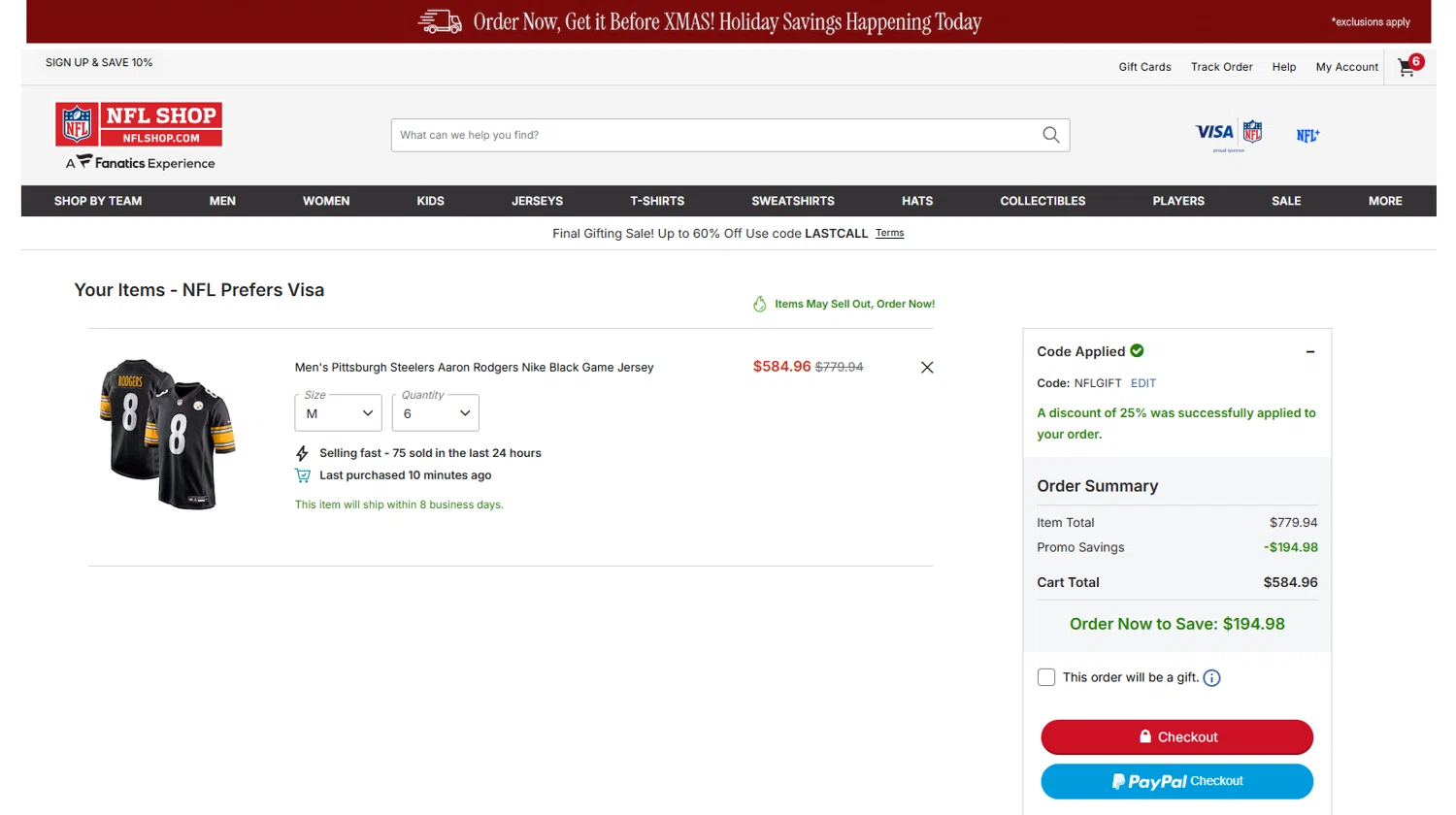 Philadelphia Eagles coupon code screenshot showing code NFLGIFT applied at Philadelphia Eagles checkout page. Uploaded by SimplyCodes community member Ricacocaina on Dec 19, 2025