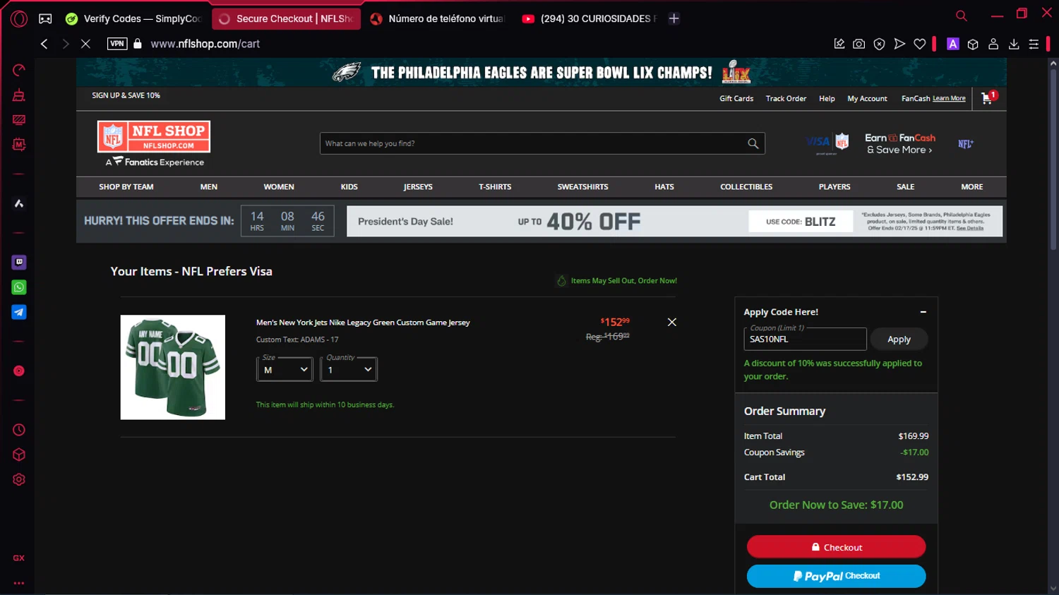 Philadelphia Eagles coupon code screenshot showing code sas10nfl applied at Philadelphia Eagles checkout page. Uploaded by SimplyCodes community member McLovin on Feb 17, 2025
