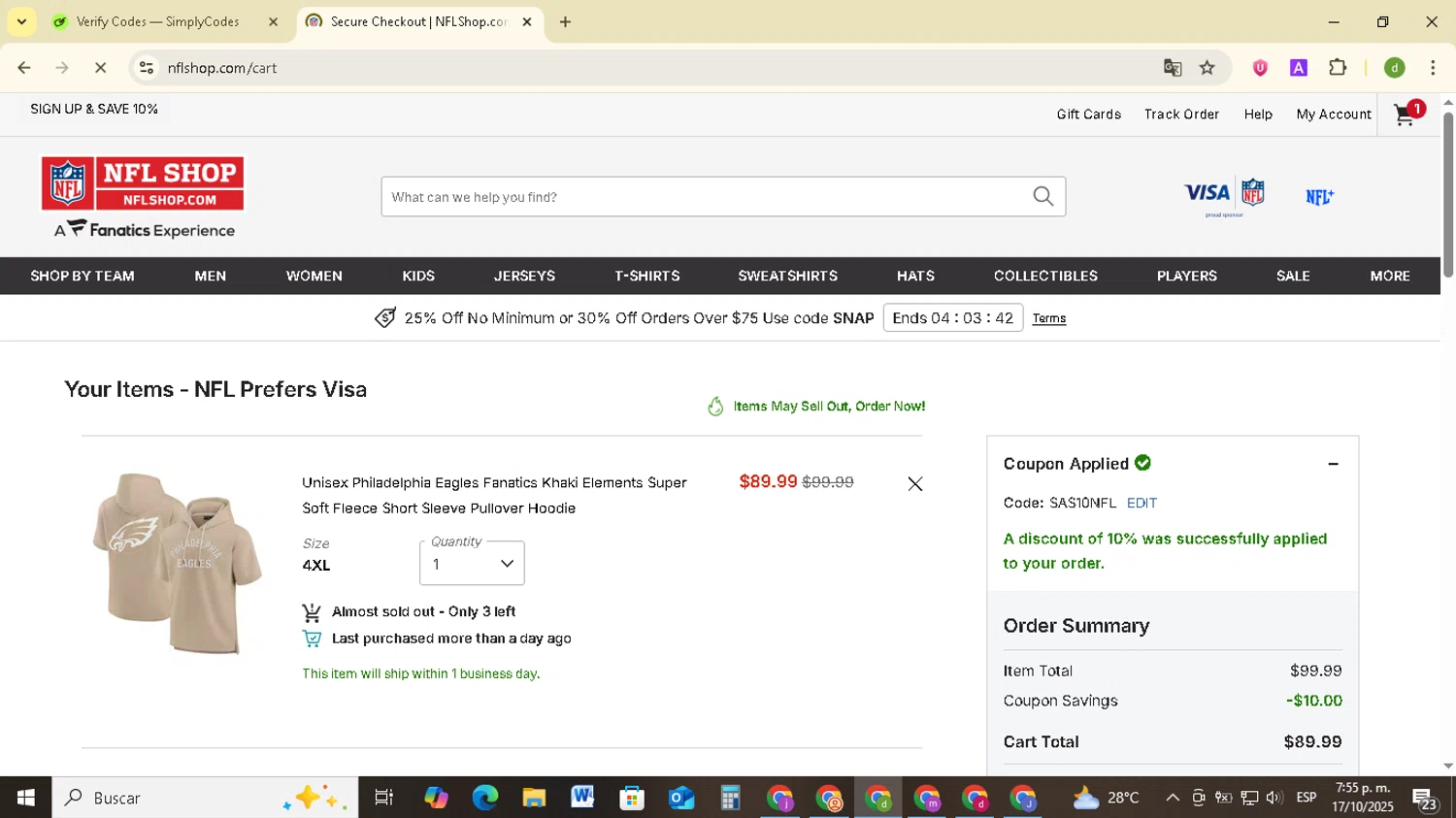 Philadelphia Eagles coupon code screenshot showing code sas10nfl applied at Philadelphia Eagles checkout page. Uploaded by SimplyCodes community member SavingsSentinel833 on Oct 17, 2025