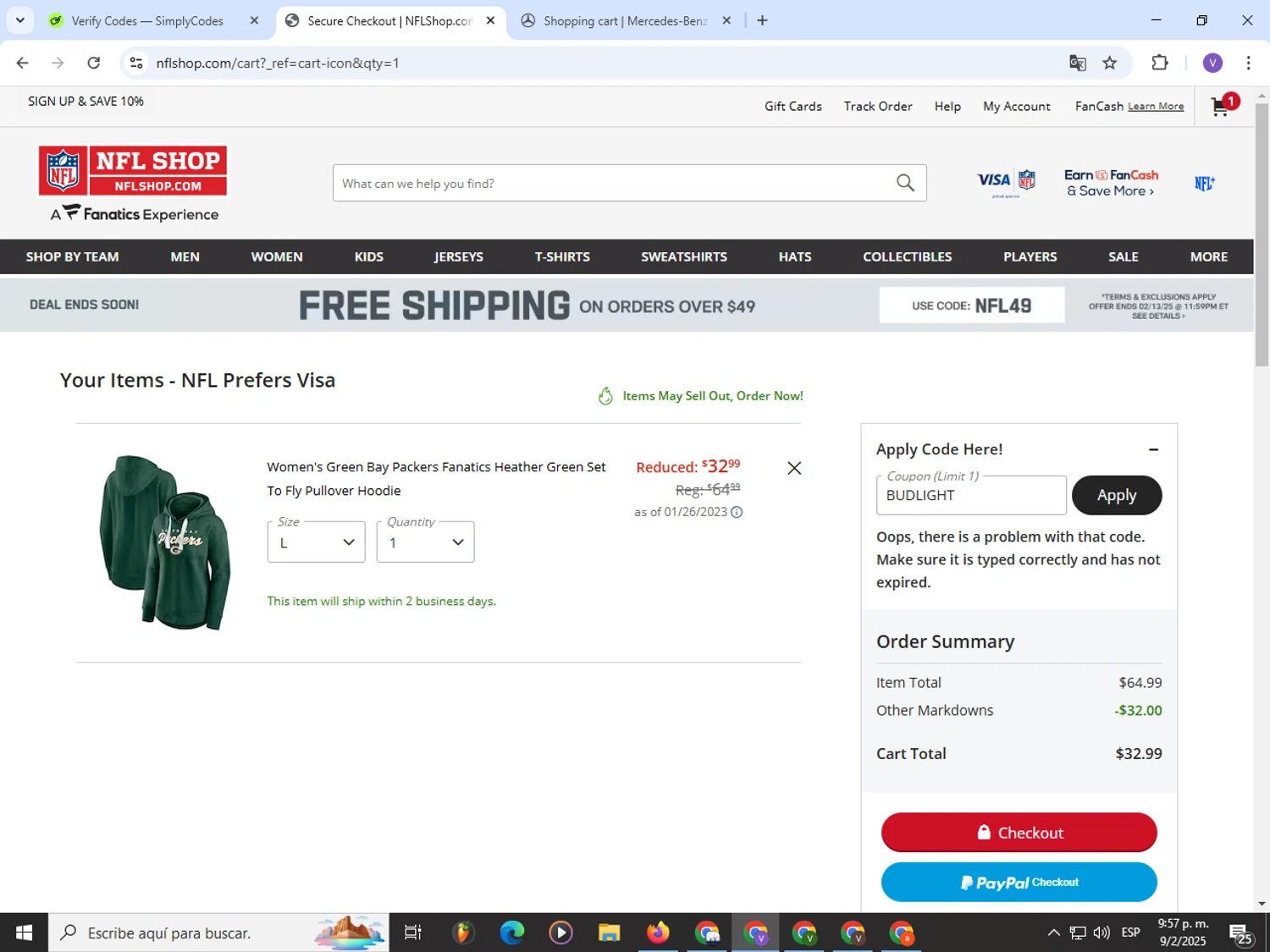 Philadelphia Eagles coupon code screenshot showing code BUDLIGHT applied at Philadelphia Eagles checkout page. Uploaded by SimplyCodes community member Satoru_gojo on Feb 10, 2025