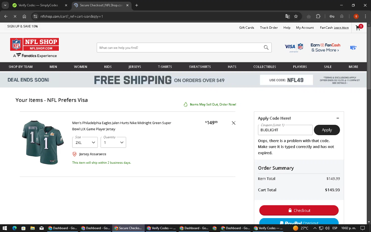 Philadelphia Eagles coupon code screenshot showing code BUDLIGHT applied at Philadelphia Eagles checkout page. Uploaded by SimplyCodes community member ExtraordinaryVirtuoso6801 on Feb 10, 2025
