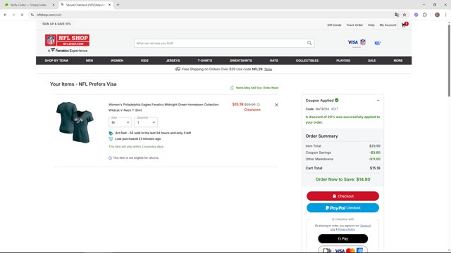 Philadelphia Eagles checkout page showing Philadelphia Eagles coupon code box | Screenshot taken by SimplyCodes community member on Sep 7, 2025